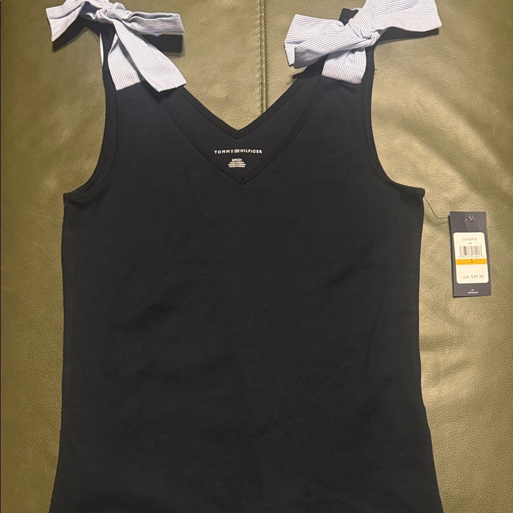 NWT Tommy Hilfiger Navy Tank Top with Striped Bow Straps, Size Small